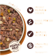 Bowl of grain-free, freshly prepared chicken pet food with text highlighting single protein, complete nutrition, and proper meat.