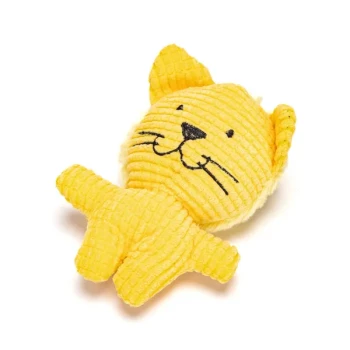 Gelbes plüschiges Katzenspielzeug mit einem strukturierten Körper, lächelndem Gesicht und schlaffen Ohren, ideal für Haustiere zum Spielen.