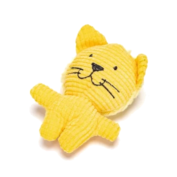 Gelbes plüschiges Katzenspielzeug mit einem strukturierten Körper, lächelndem Gesicht und schlaffen Ohren, ideal für Haustiere zum Spielen.