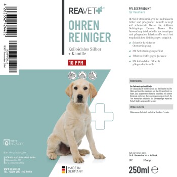 Flasche REAVET Ohrenreiniger, ein Haustier-Ohrreiniger mit kolloidalem Silber und Kamille, 250ml, mit einem Hund auf dem Etikett.