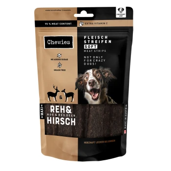 Ein Paket Chewies Premium-Fleischstreifen für Hunde, mit einem Golden Retriever auf der Vorderseite, beschriftet "Reines Kaninchen" und "Extra Vitamin C", 150g.