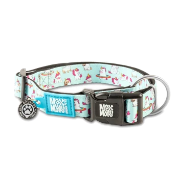 Blaues Hundehalsband mit Einhorn- und Hundemuster, schwarze Schnalle mit der Aufschrift "Max & Molly" und Pfotenanhänger mit der Aufschrift "Ich bin verloren, bitte zurückbringen."