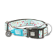 Blaues Hundehalsband mit Einhorn- und Hundemuster, schwarze Schnalle mit der Aufschrift "Max & Molly" und Pfotenanhänger mit der Aufschrift "Ich bin verloren, bitte zurückbringen."