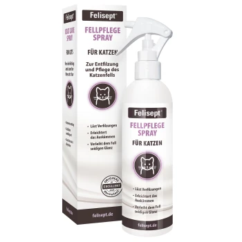 Felisept Fellpflege-Sprayflasche und Schachtel für Katzen, weißes Etikett mit der Aufschrift 'FELLPFLEGE SPRAY FÜR KATZEN' und Katzen-Symbol.