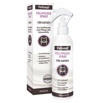Felisept Fellpflege-Sprayflasche und Schachtel für Katzen, weißes Etikett mit der Aufschrift 'FELLPFLEGE SPRAY FÜR KATZEN' und Katzen-Symbol.