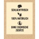 Frisch geschlachtet, 100 % natürlich, keine chemischen Zusätze, mit Symbolen für Fleisch, Blätter und einem durchgestrichenen Chemikalienkolben.
