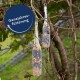 Zwei Vogelhäuschen, die von einem Baum hängen, gefüllt mit Samen und Nüssen, mit einem runden Etikett, das 'Ganzjahresfütterung' liest.