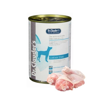 Dosen-Hundefutter von Dr. Clauder's mit der Aufschrift "Leber Diät" zur Unterstützung der Leber, mit rohen Hühnerstücken daneben.
