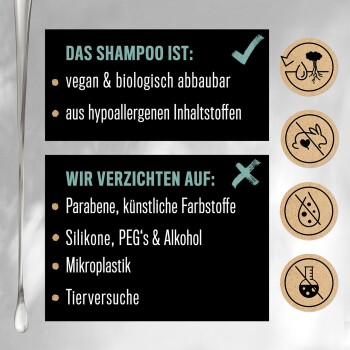 Bild einer Shampoo-Flasche, die ihre veganen, biologisch abbaubaren, hypoallergenen Eigenschaften zeigt und schädliche Inhaltsstoffe auflistet, die vermieden werden sollten.