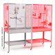 Großer Vogelkäfig mit zwei Abteilungen, mit Metallstäben, bunten Sitzstangen und Spielzeugen, auf der Seite beschriftet mit "NEU MADEIRA - ANBAUKIT".
