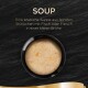Un bol noir de soupe légère avec de la viande effilochée et des légumes, étiqueté "SOUP" avec une description allemande de ses ingrédients délicieux.