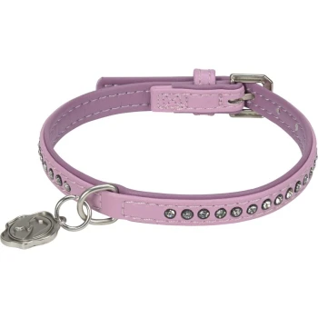 Roze huisdierhalsband versierd met rhinestones, met een zilveren bedel met een kattenontwerp en een metalen gesp voor aanpassing.