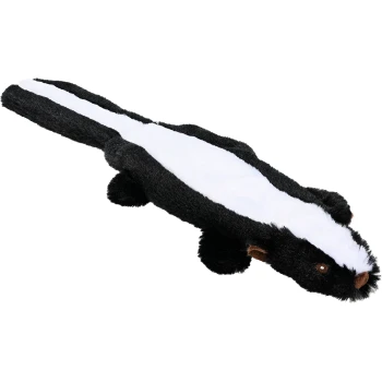 Spielzeug Flattie Stinktier S Ein plüschiger Stinktier-Spielzeug mit schwarz-weißer Fellfarbe, mit braunen Ohren und Augen, entworfen für Haustiere zum Spielen.