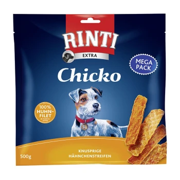 Verpackung für Rinti Chicko Hundeleckerlis, mit knusprigen Hühnerstreifen, beschriftet mit "100% Huhn-Filet" und "Mega Pack," 500 g.