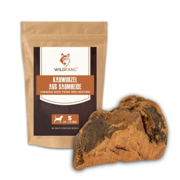 Ein Paket Wildfang-Kauwurzel von Baumheide, beschriftet in Deutsch und Englisch, mit einem Stück der Wurzel daneben.