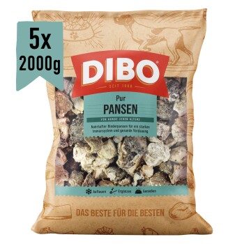DIBO Pansen Hundefutterverpackung, 2000 g, mit Text in Deutsch und Englisch über natürliche Ernährung und gefrorenes Ergänzungsfutter.