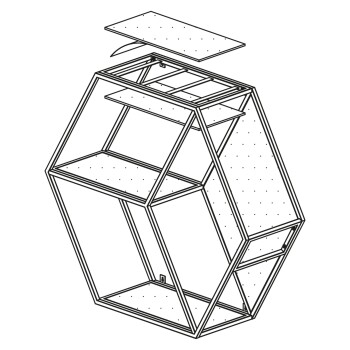 Ein geometrisches Haustieraufbewahrungseinheit mit mehreren Regalen und einem klappbaren Deckel, entworfen zur Organisation von Haustierbedarf.