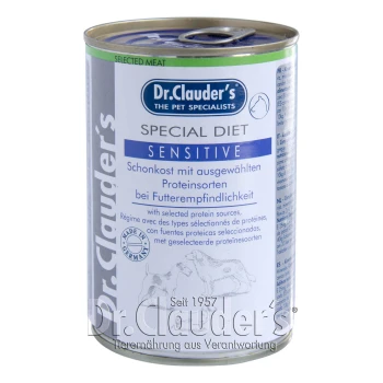 Dr. Clauder's Special Diet Sensitive Dosenfutter für Haustiere, mit ausgewählten Proteinquellen, mit Text in mehreren Sprachen, hergestellt in Deutschland.