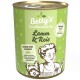 Dose Hundefutter "Betty's Landhausküche Lamm & Reis" mit grünem Design, Hundillustration und "extra viel Fleisch" Etikett.