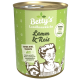 Dose Hundefutter "Betty's Landhausküche Lamm & Reis" mit grünem Design, Hundillustration und "extra viel Fleisch" Etikett.