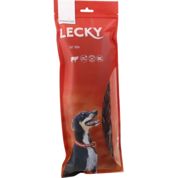 Eine rote Verpackung für Lecky Tri' Stix Hundeleckerlis mit einem glücklichen Hund auf der Vorderseite, gekennzeichnet als 100% natürlich.