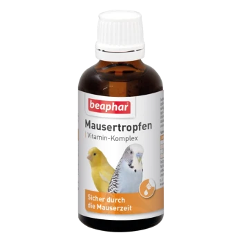 Flasche Beaphar Mauser Tropfen, ein Vitamin-Komplex für Vögel, mit einem gelben Kanarienvogel und einem blauen Wellensittich auf dem Etikett.