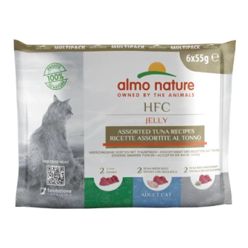 Almo Nature HFC Jelly Multipack für erwachsene Katzen, mit verschiedenen Thunfischrezepten, enthält 6 Beutel à 55 g.