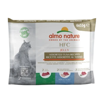 Almo Nature HFC Jelly Multipack für erwachsene Katzen, mit verschiedenen Thunfischrezepten, enthält 6 Beutel à 55 g.