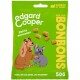 Emballage vert de friandises pour chiens Edgard Cooper avec un dessin animé de teckel et de bulldog français, avec le texte "Petits morceaux" et "BONBONS."