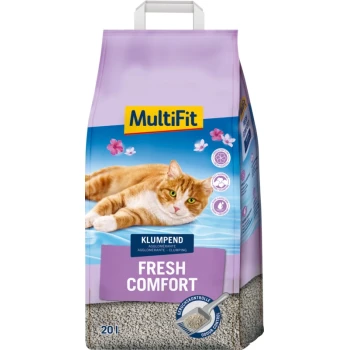 Fresh Comfort 20 l Een zak van 20 liter MultiFit kattenbakvulling gelabeld 'Fresh Comfort', met een close-up van een ontspannen oranje tabby kat en bloemaccenten.
