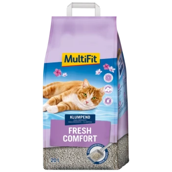 Een zak van 20 liter MultiFit kattenbakvulling gelabeld 'Fresh Comfort', met een close-up van een ontspannen oranje tabby kat en bloemaccenten.