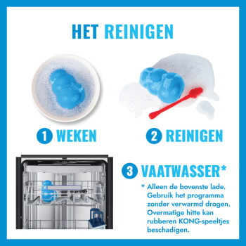 Plakat o czyszczeniu niebieskiej zabawki KONG 'HET REINIGEN': 1 Weken (namaczanie), 2 Reinigen (szorowanie), 3 Vaatwasser* (górny kosz zmywarki).