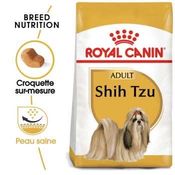 Sac de nourriture pour chien Royal Canin Adult Shih Tzu présentant une illustration de Shih Tzu, avec un texte mettant en avant la nutrition de la race et la santé de la peau.