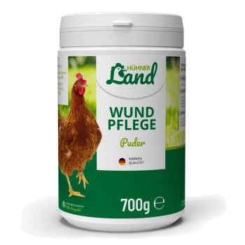 Behälter mit Hühner Land Wund Pflege-Pulver für Hühner, mit einem braunen Huhn auf dem Etikett, 700g Größe, mit dem Text 'MARKEN QUALITÄT'.