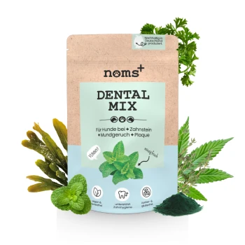 Eine Packung "noms+ DENTAL MIX" für Hunde, mit Minzblättern und Kräutern, mit Text, der die Vorteile für die Zahnhygiene und Frische hervorhebt.