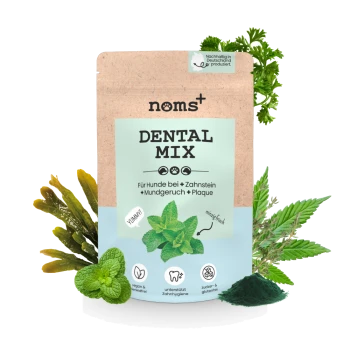 Eine Packung "noms+ DENTAL MIX" für Hunde, mit Minzblättern und Kräutern, mit Text, der die Vorteile für die Zahnhygiene und Frische hervorhebt.