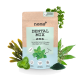 Eine Packung "noms+ DENTAL MIX" für Hunde, mit Minzblättern und Kräutern, mit Text, der die Vorteile für die Zahnhygiene und Frische hervorhebt.