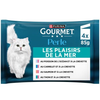 Pack Purina Gourmet Perle pour chat avec chat blanc à poils longs, « Les Plaisirs de la Mer », 4x85 g, liste des saveurs en français