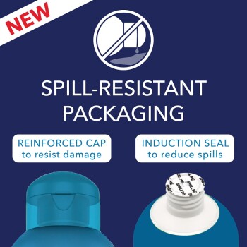Image promoting new spill-resistant packaging for pet products, featuring a blue bottle with a reinforced cap and induction seal.