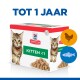 Verpakking van Hill's Science Plan kittenvoer met een speelse kitten, met de tekst 'KITTEN <1' en iconen voor kip en vis.