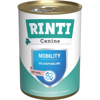 Rinti Canine Mobility Dosenfutter für Hunde, mit einem blauen Etikett mit "Mobility" und "Gelenkprobleme," enthält Chondroitin, Glucosamin und Vitamin E.
