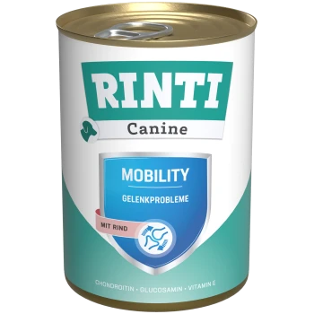 Rinti Canine Mobility Dosenfutter für Hunde, mit einem blauen Etikett mit "Mobility" und "Gelenkprobleme," enthält Chondroitin, Glucosamin und Vitamin E.