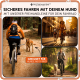 Drei Bilder von Menschen, die mit Hunden Rad fahren und eine freihändige Leine benutzen; Text auf Deutsch fördert sicheres Radfahren mit Hunden von 10-15kg.