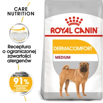 Torba karmy dla psów Royal Canin Dermacomfort Medium z psem rasy Shar Pei, z tekstem podkreślającym formułę zmniejszającą alergeny i 91% satysfakcji właścicieli.
