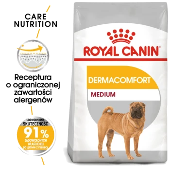 Torba karmy dla psów Royal Canin Dermacomfort Medium z psem rasy Shar Pei, z tekstem podkreślającym formułę zmniejszającą alergeny i 91% satysfakcji właścicieli.