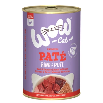 Dose mit Premium-Katzenfutter mit Rind- und Truthahn-Pâté, beschriftet mit "WOW-Cat", mit lila Hintergrund und deklarierter Getreidefreiheit.