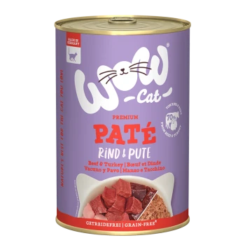Dose mit Premium-Katzenfutter mit Rind- und Truthahn-Pâté, beschriftet mit "WOW-Cat", mit lila Hintergrund und deklarierter Getreidefreiheit.