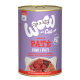 Dose mit Premium-Katzenfutter mit Rind- und Truthahn-Pâté, beschriftet mit "WOW-Cat", mit lila Hintergrund und deklarierter Getreidefreiheit.
