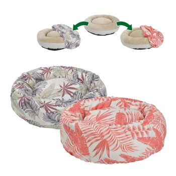 Zwei runde Haustierbetten mit tropischen Blattmustern, eines in Pink und Weiß, das andere in Grau und Grün, mit einem abnehmbaren Innensitzkissen.