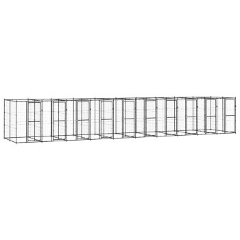 Ein langes, modulares Haustiergehege mit mehreren geschlossenen Abschnitten und Türen, entworfen, um Haustiere sicher unterzubringen.